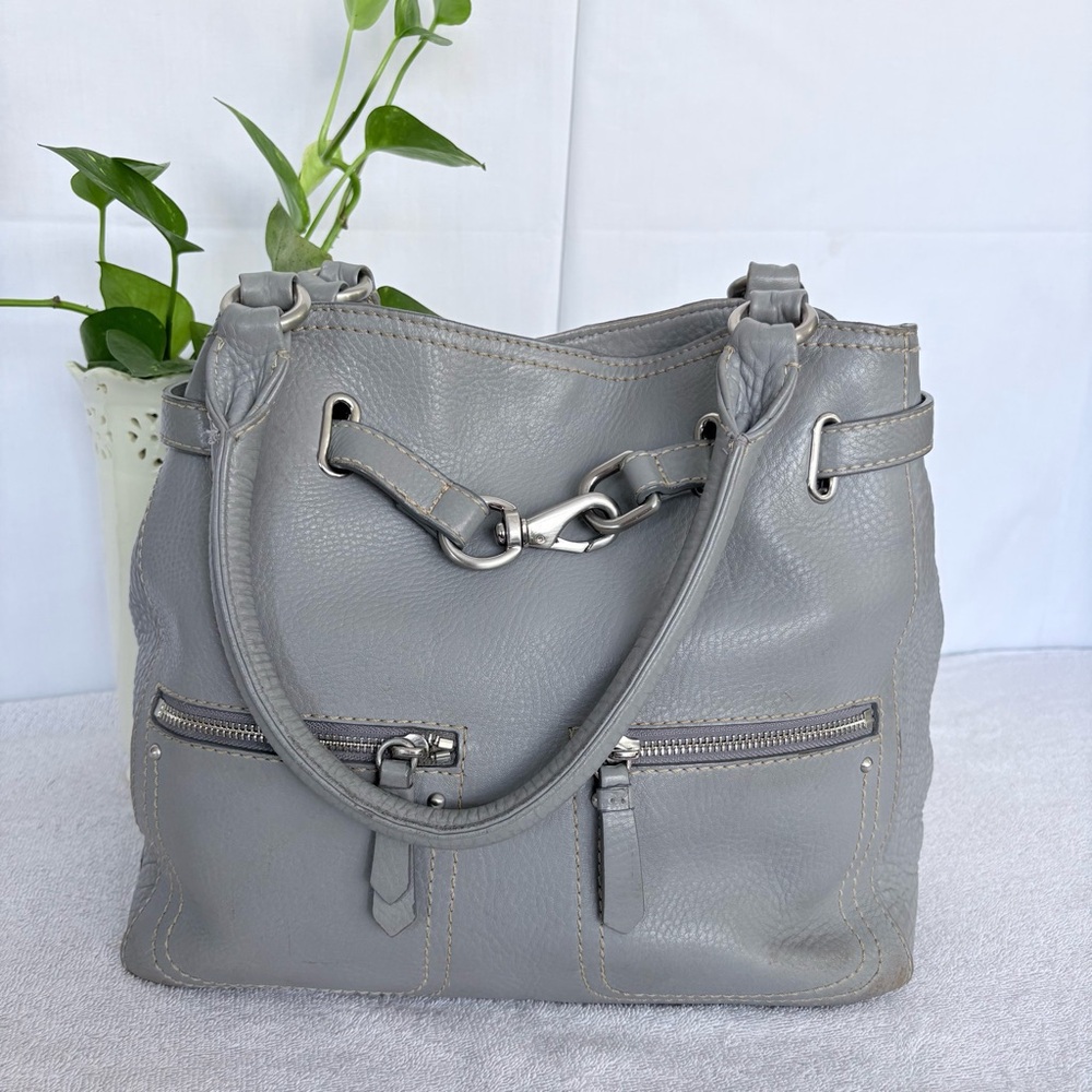 Cole Haan Gray Pebbled Leather Bucket Style Shoulder Bag Medium